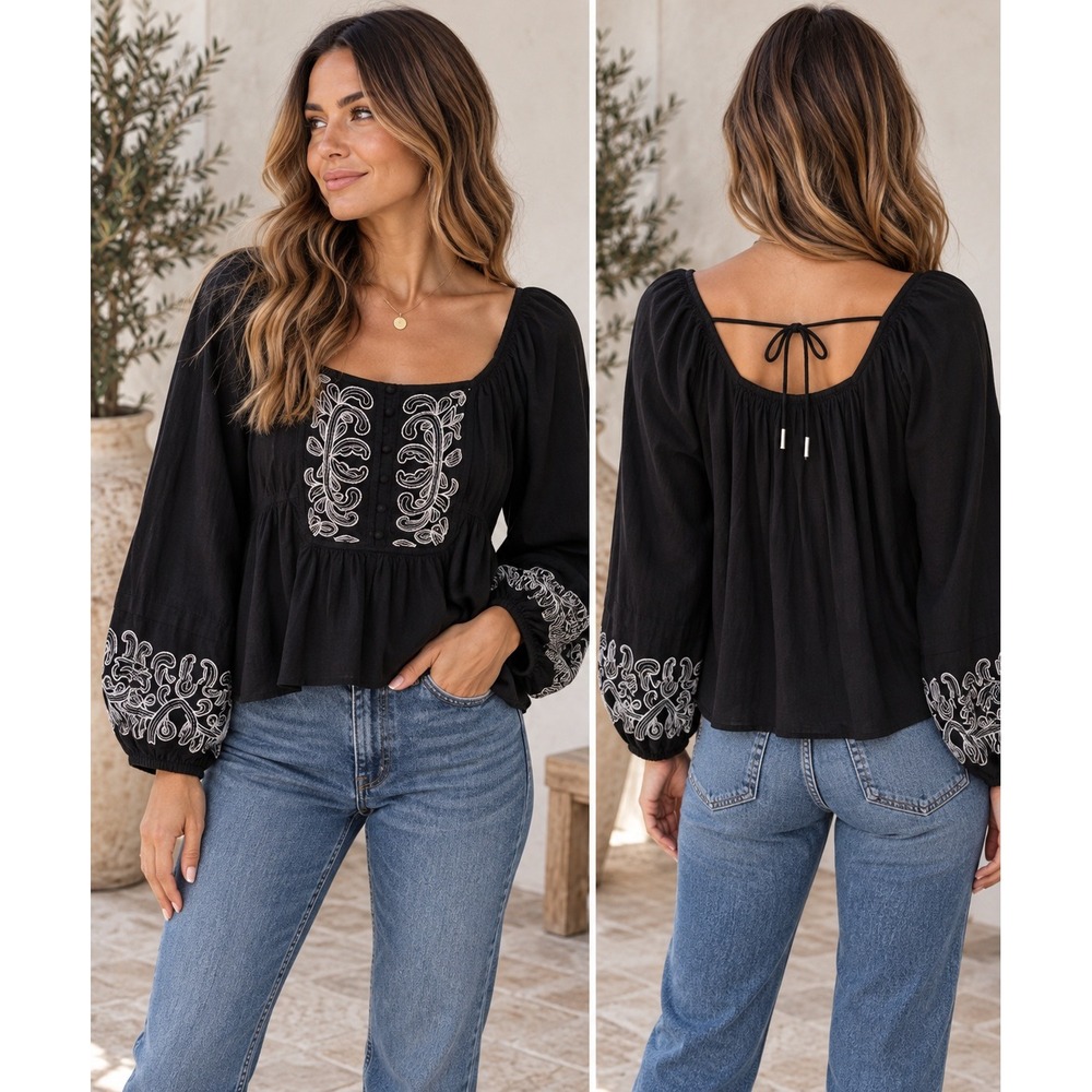 Calligraphie Black Embroidered Peasant Blouse Large Boho Balloon Sleeve Top